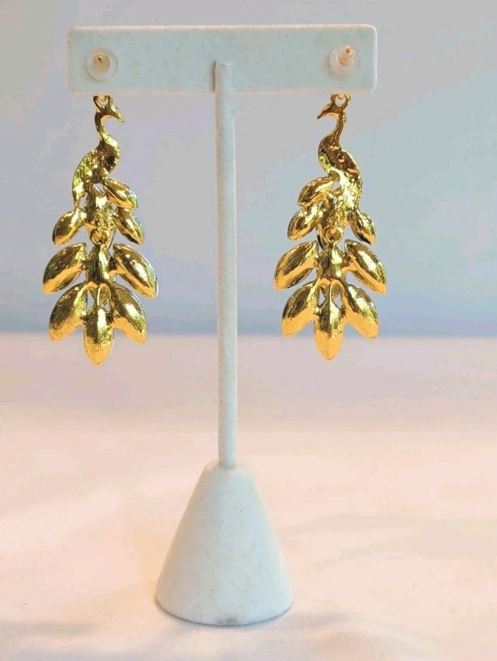 Earrings Peacock Blue Teal Crystal Dangle Pierced Rhinestone Statement 2.5
